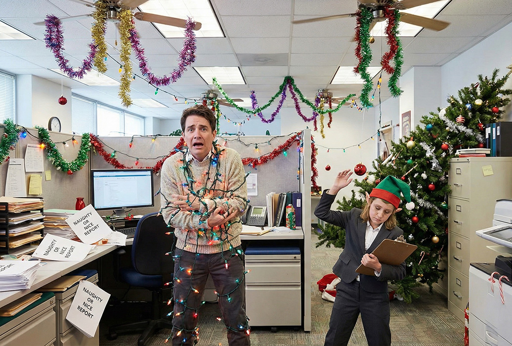 DCA office worker caught in a tangle of christmas lights at his desk, with an elf standing next to him trying to interact with a computer system on a tablet device.